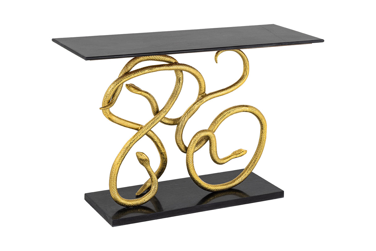 Konsole WILDLIFE SNAKE 115cm goldener Rahmen mit schwarzem Marmorsockel und -platte