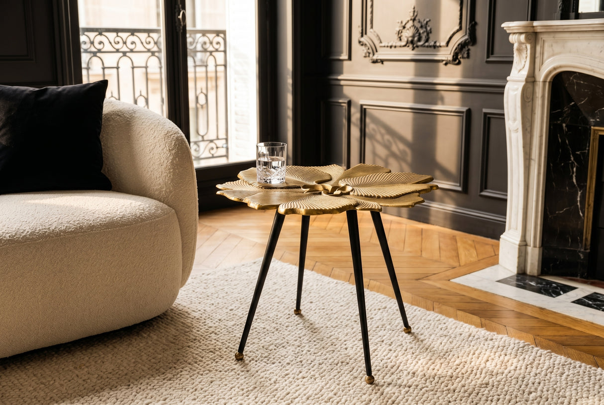 Coffee table GINKGO LEAVES 55cm gold with black legs