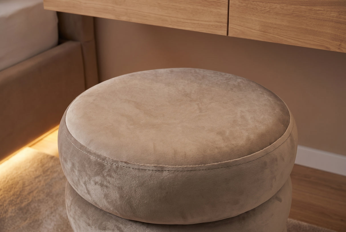 Stool VOGUE 40cm round upholstered w/ storage space velvet champagne greige