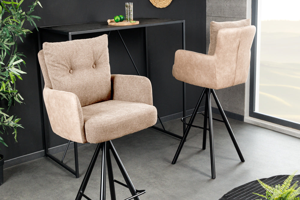 Bar stool BIG GEORGE w/ armrests flat woven fabric velvet champagne beige rotatable