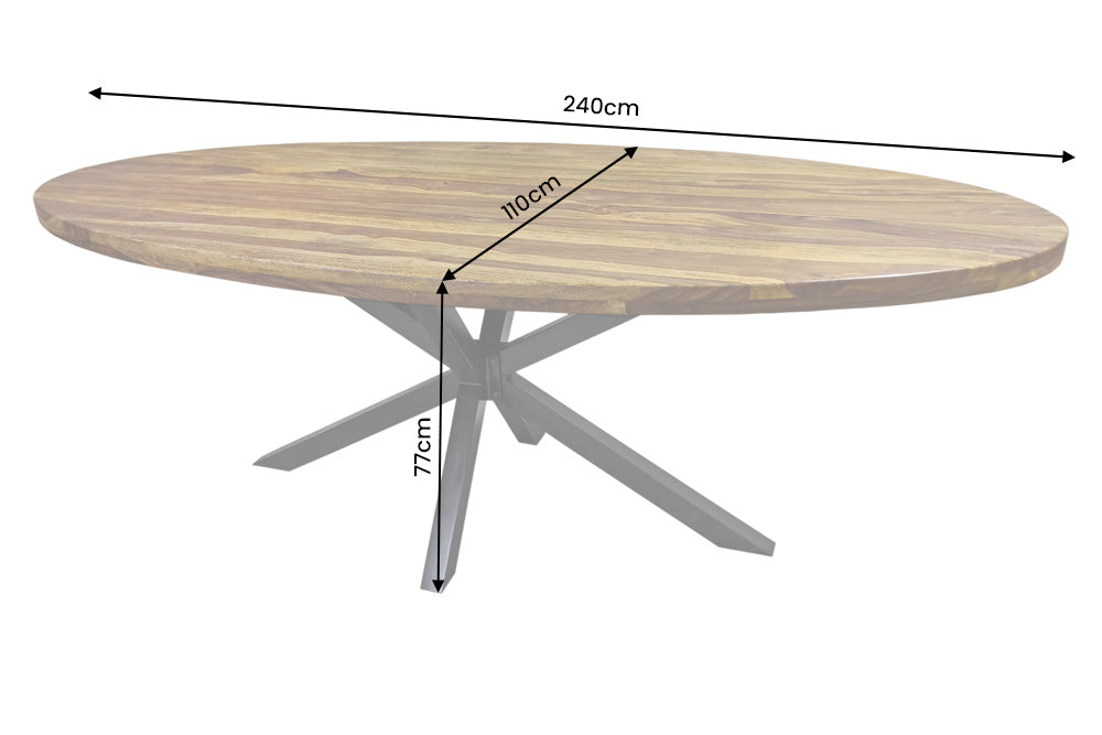 Esstisch GALAXIE 240cm oval Sheeshamholz braun Stein-Finish mit schwarzem Sterngestell