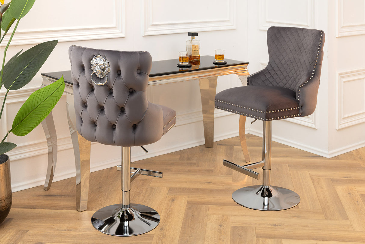 Bar stool CASTLE height adjustable w/ lion´s head handle velvet grey in baroque style