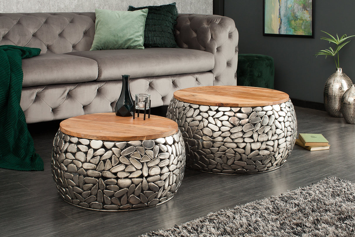 Couchtisch STONE MOSAIC 2er Set 54-66cm Mangoholz Platten silber