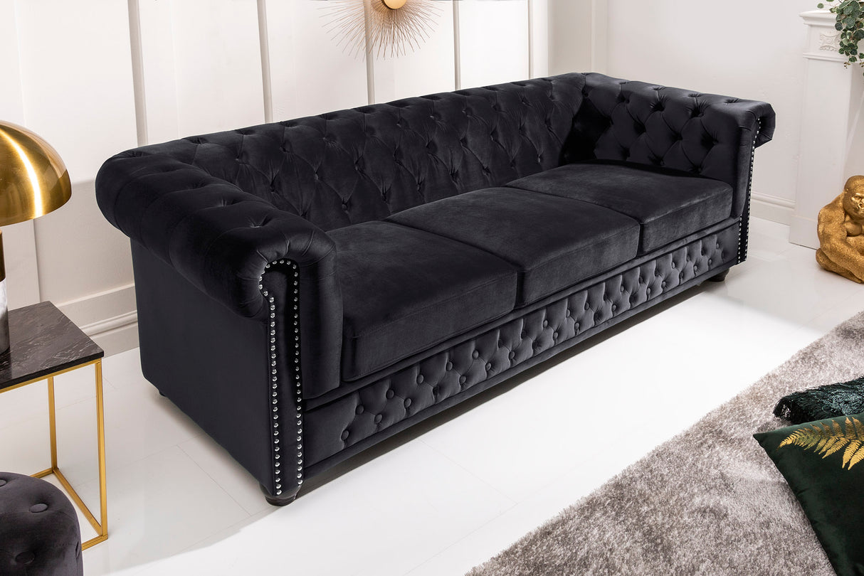 Sofa CHESTERFIELD 205cm spring core 3-seater velvet black