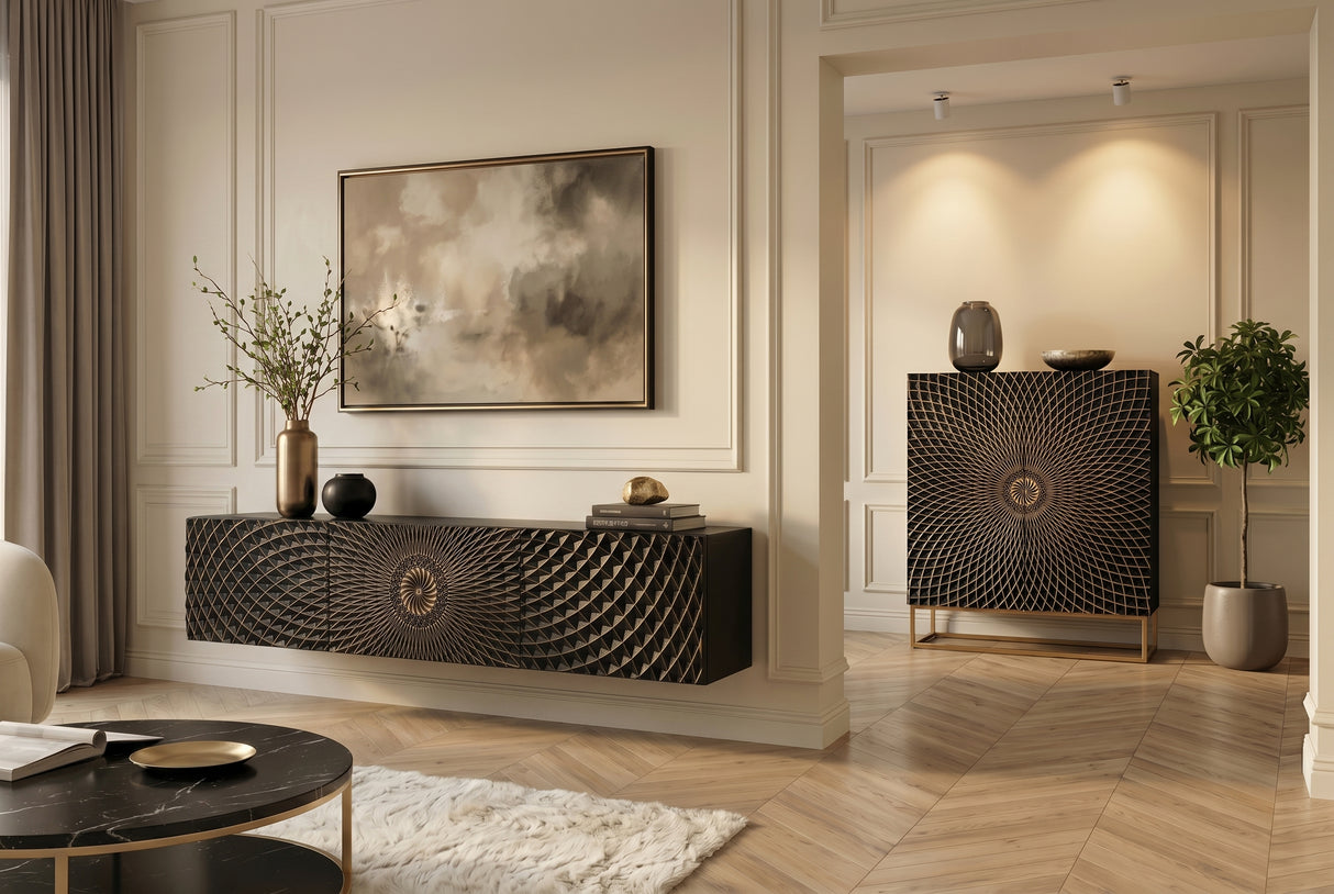 TV-Board ILLUSION 160cm 3D hängend Mangoholz schwarz gold