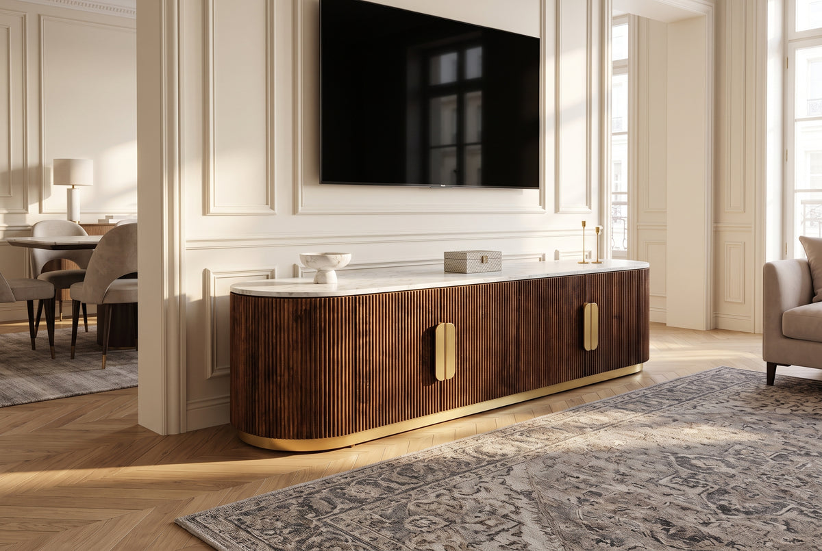 TV-Board GATSBY 170cm Retro Stil Mangoholz Marmorplatte weiß braun gold