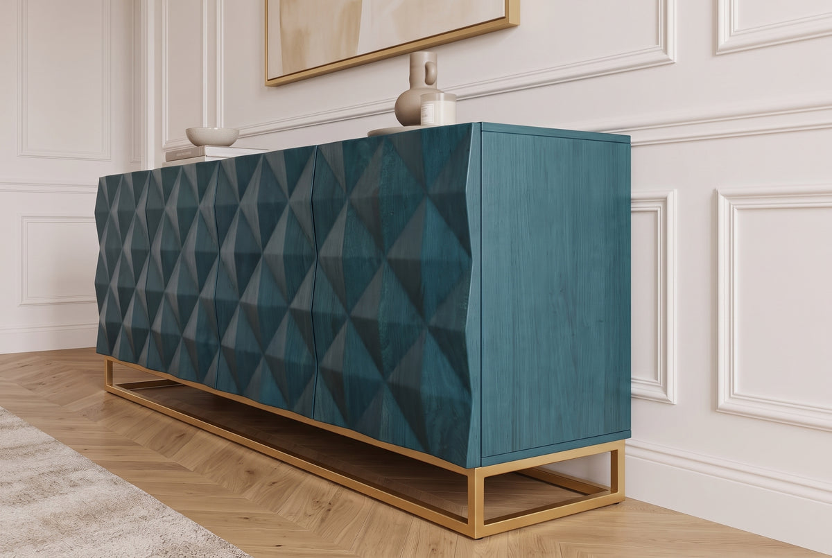 Sideboard VULCANO 180cm 3D front mango wood turquoise w/ gold metal frame