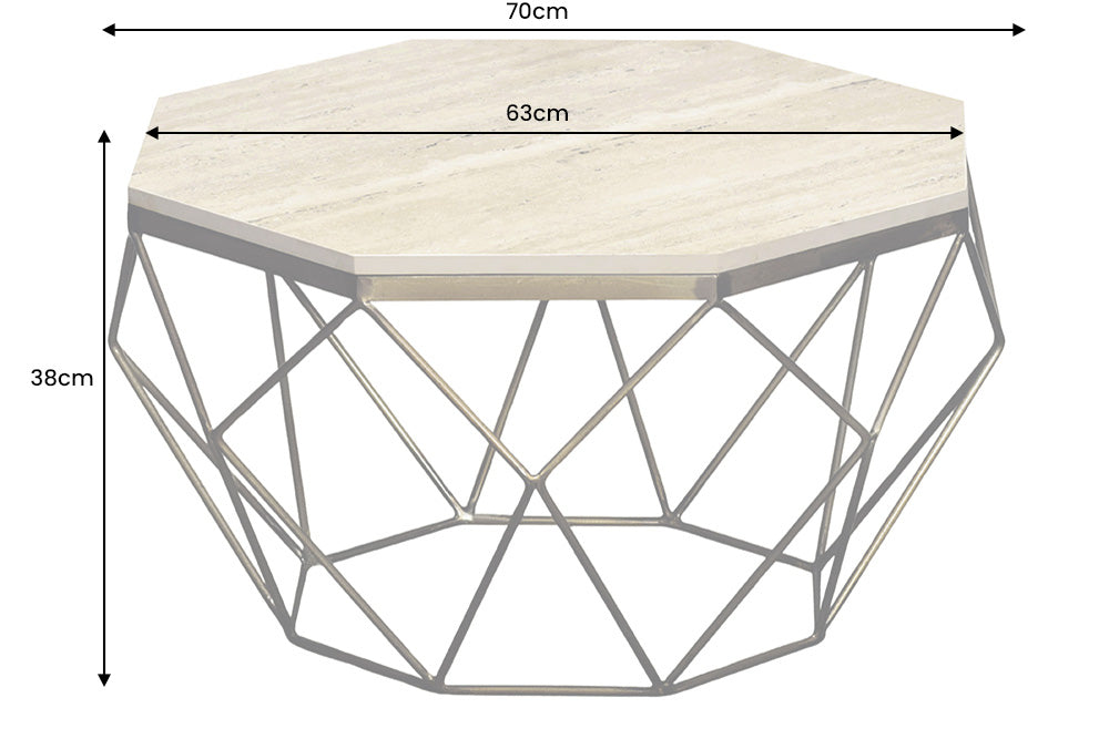 Couchtisch DIAMOND 70cm Gestell Eisen Messing Platte Travertin