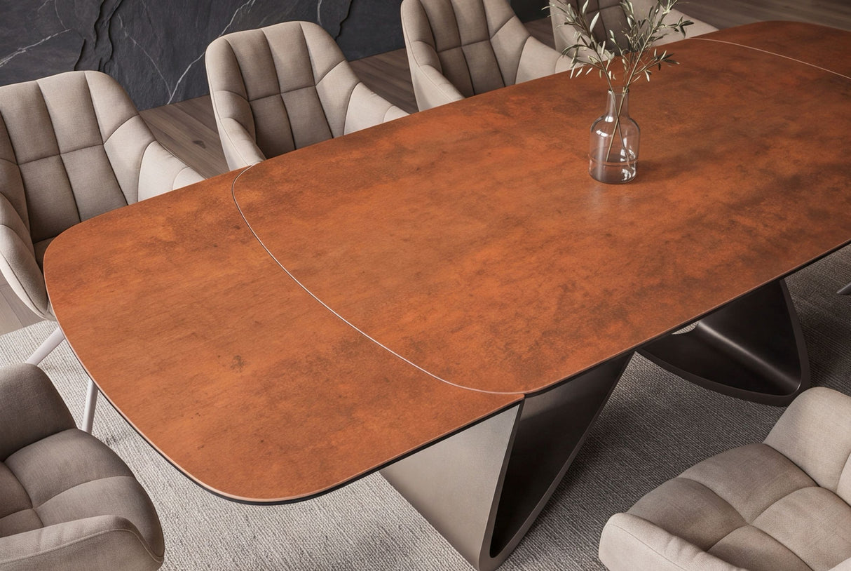 Dining table INFINITY 180-220-260cm boat-shaped extendable spanish ceramic rust brown