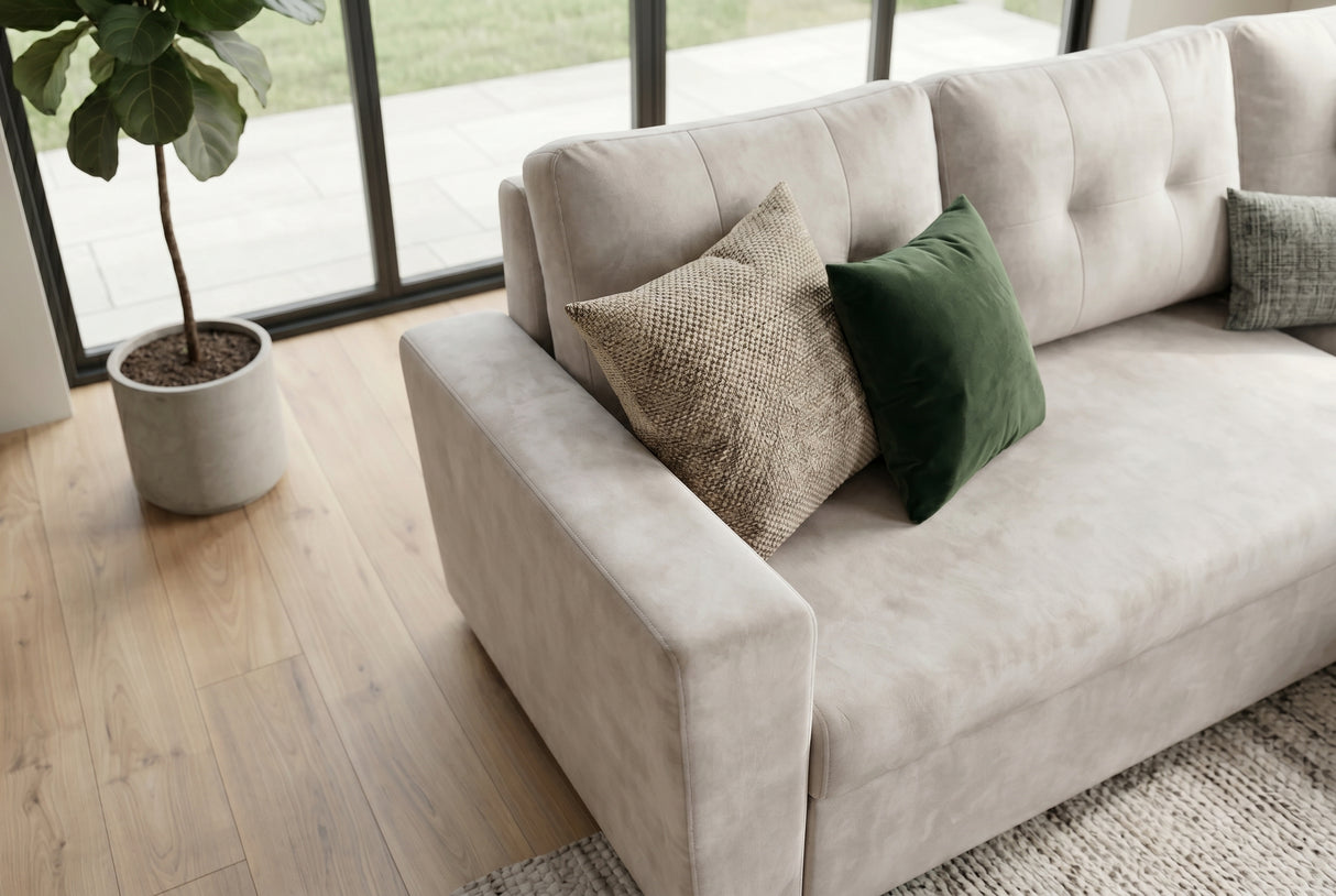 Corner sofa bed APARTMENT 205cm 3-seater w/ ottoman and storage space velvet champagne beige