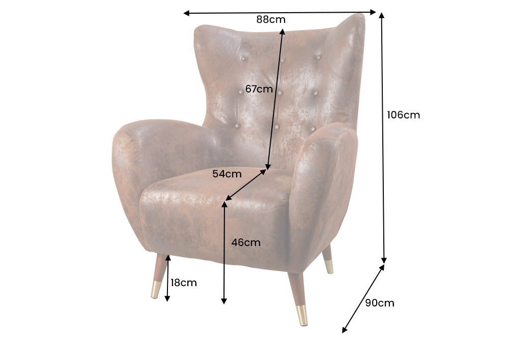 Ohrensessel DON mit goldenen Kappen Microfaser antikbraun