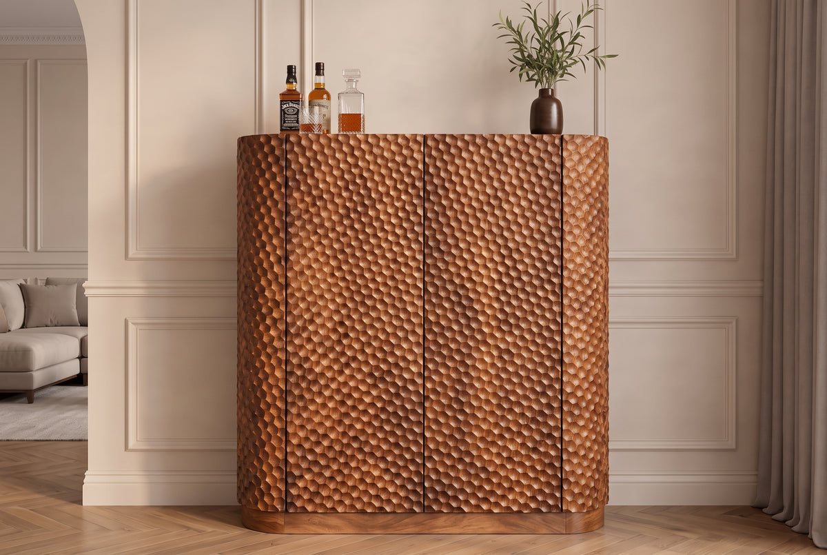 Bar cabinet ADLON 140cm 3D textured front rounded edges mango wood natural w/ wine rack