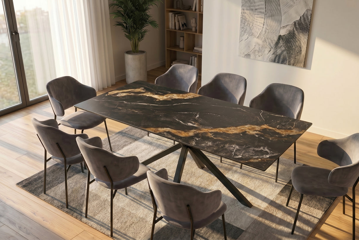 Dining table GALAXIE 180cm w/ star frame aurora oro ceramic black gold sand