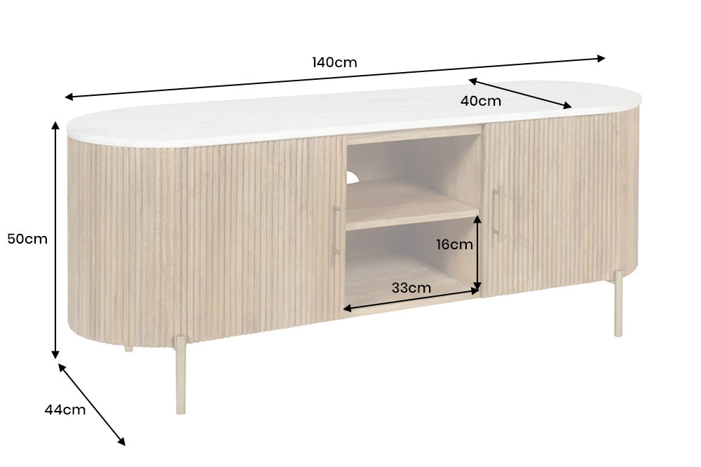 TV-Board TRES CHIC 140cm Mangoholz natur mit weißer Marmorplatte und goldenen Griffen