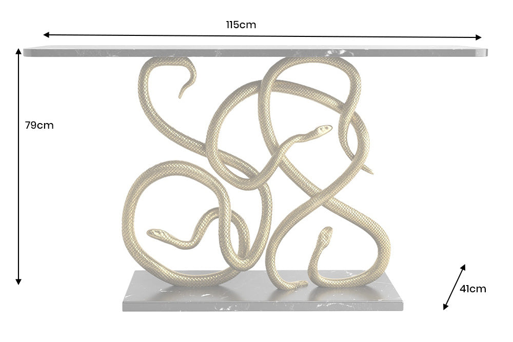 Konsole WILDLIFE SNAKE 115cm goldener Rahmen mit schwarzem Marmorsockel und -platte
