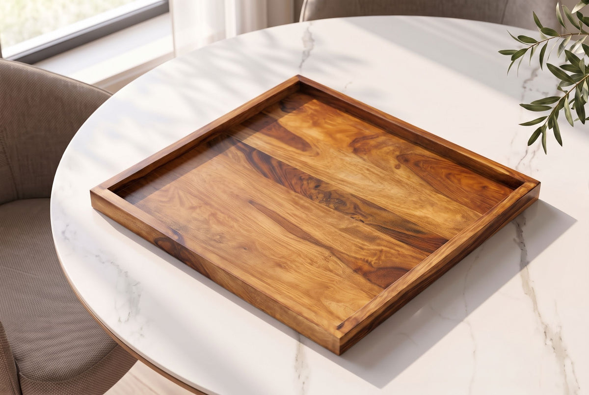 Tray MAKASSAR 50cm w/ raised edge sheesham wood brown stone finish