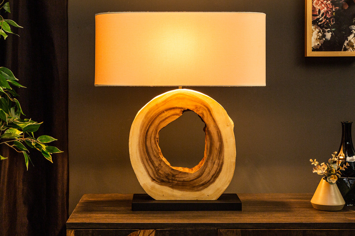 Table lamp ORGANIC ARTWORK 55cm massive walnut wood linen shade beige