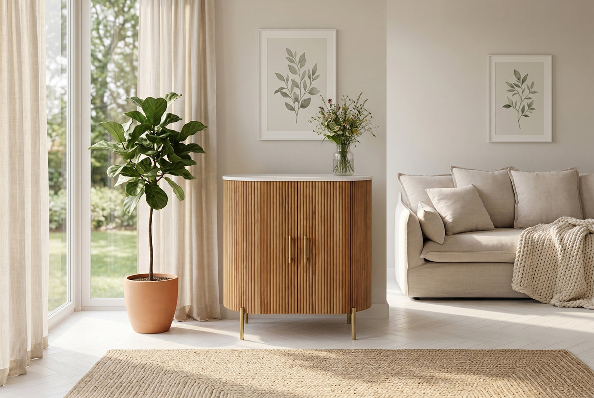 Sideboard TRES CHIC 70cm mango wood natural w/ white marble top and golden handles