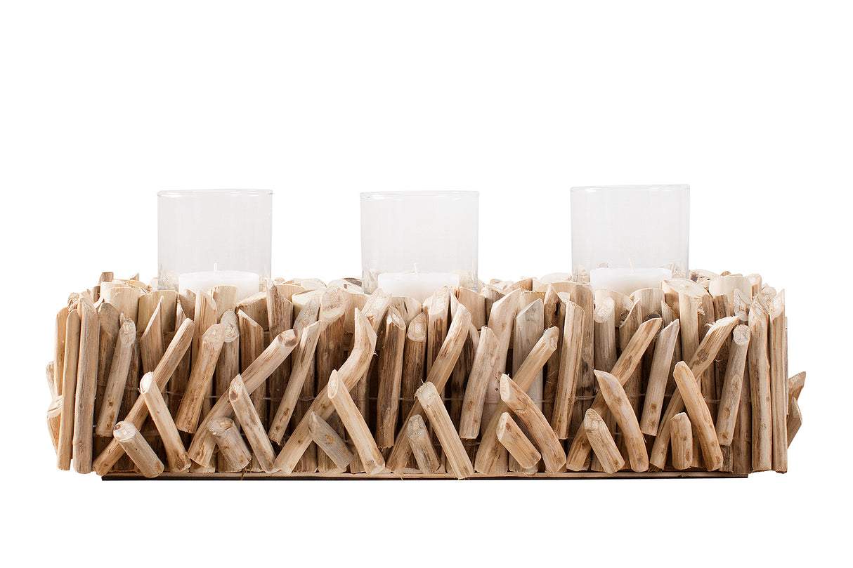 Lantern FOSSIL 50cm driftwood with 3 glasses