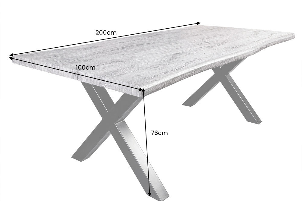 Esstisch WILD 200cm Tischplatte 50mm weiß gekalkt Wildeiche Optik grau
