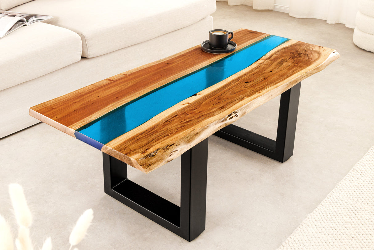 Coffee table LIQUID 110cm acacia wood blue epoxy strip
