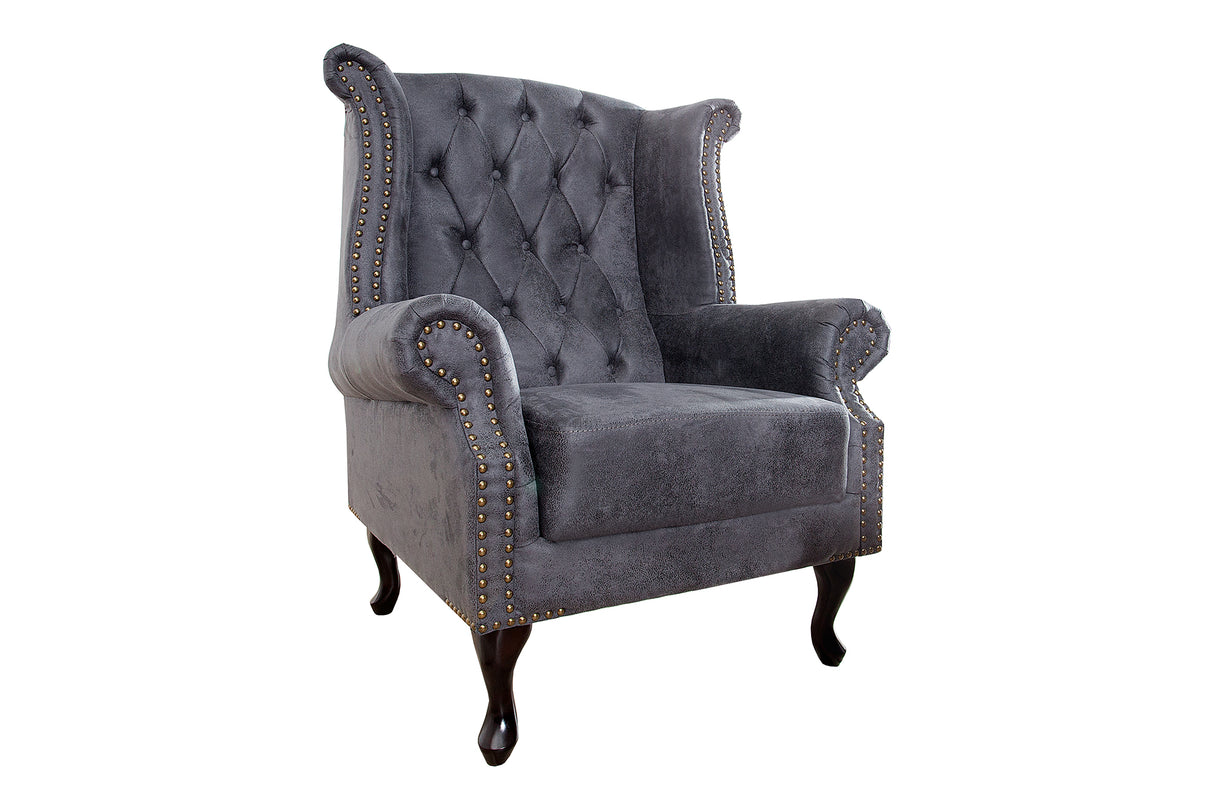 Wing chair CHESTERFIELD antique look microfibre grey