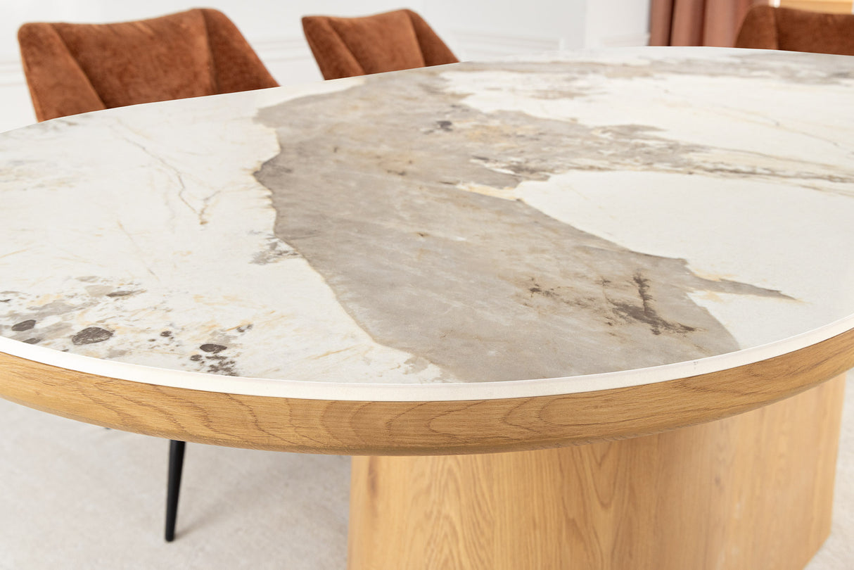 Esstisch UNIQUE 200cm ovales Gestell Eichenholz furniert Keramik weiße Marmorplatte