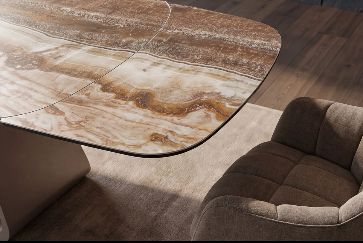 Dining table INFINITY 180-220-260cm boat-shaped extendable spanish onyx ceramic rust brown