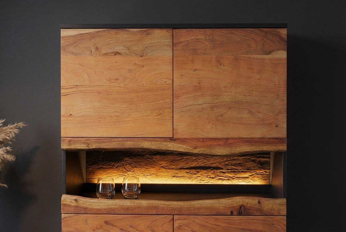 Highboard GRAND ACACIA 120cm Akazienholz Naturkante m. fernbedienbarer LED-Beleuchtung
