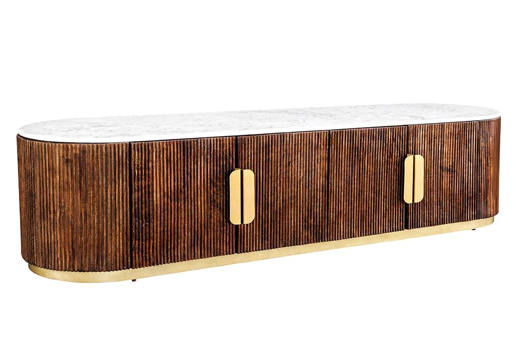 TV-Board GATSBY 170cm Retro Stil Mangoholz Marmorplatte weiß braun gold