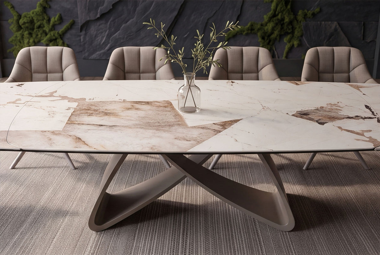 Dining table INFINITY 180-220-260cm boat-shaped extendable italian patagonia ceramic white brown