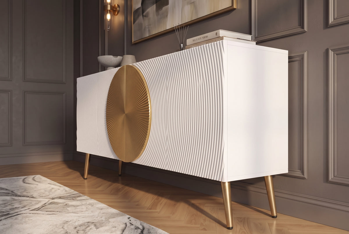 Sideboard AURUM 180cm textured front gold circle accent mango wood white gold metal feet