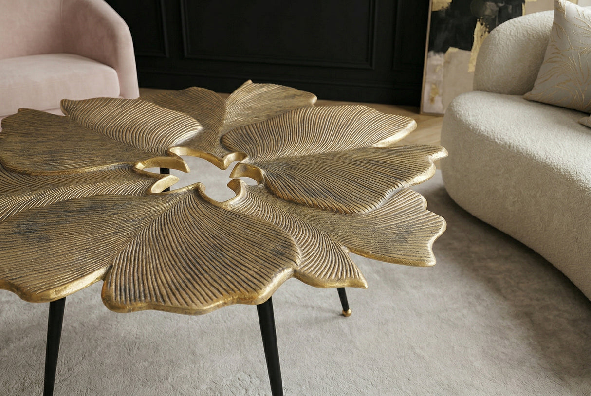 Couchtisch GINKGO LEAVES 95cm gold mit schwarzen Beinen