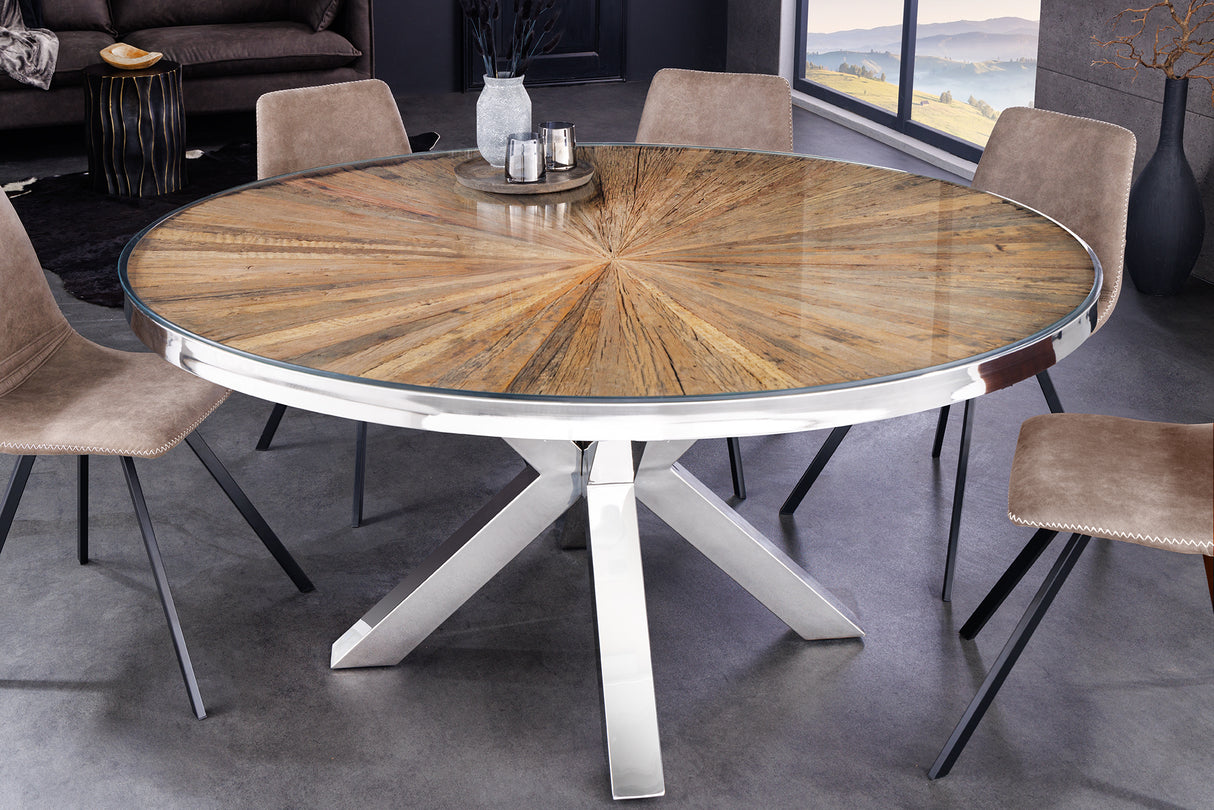 Esstisch BARRACUDA Ø 120cm rund Teakholz mit Glasplatte