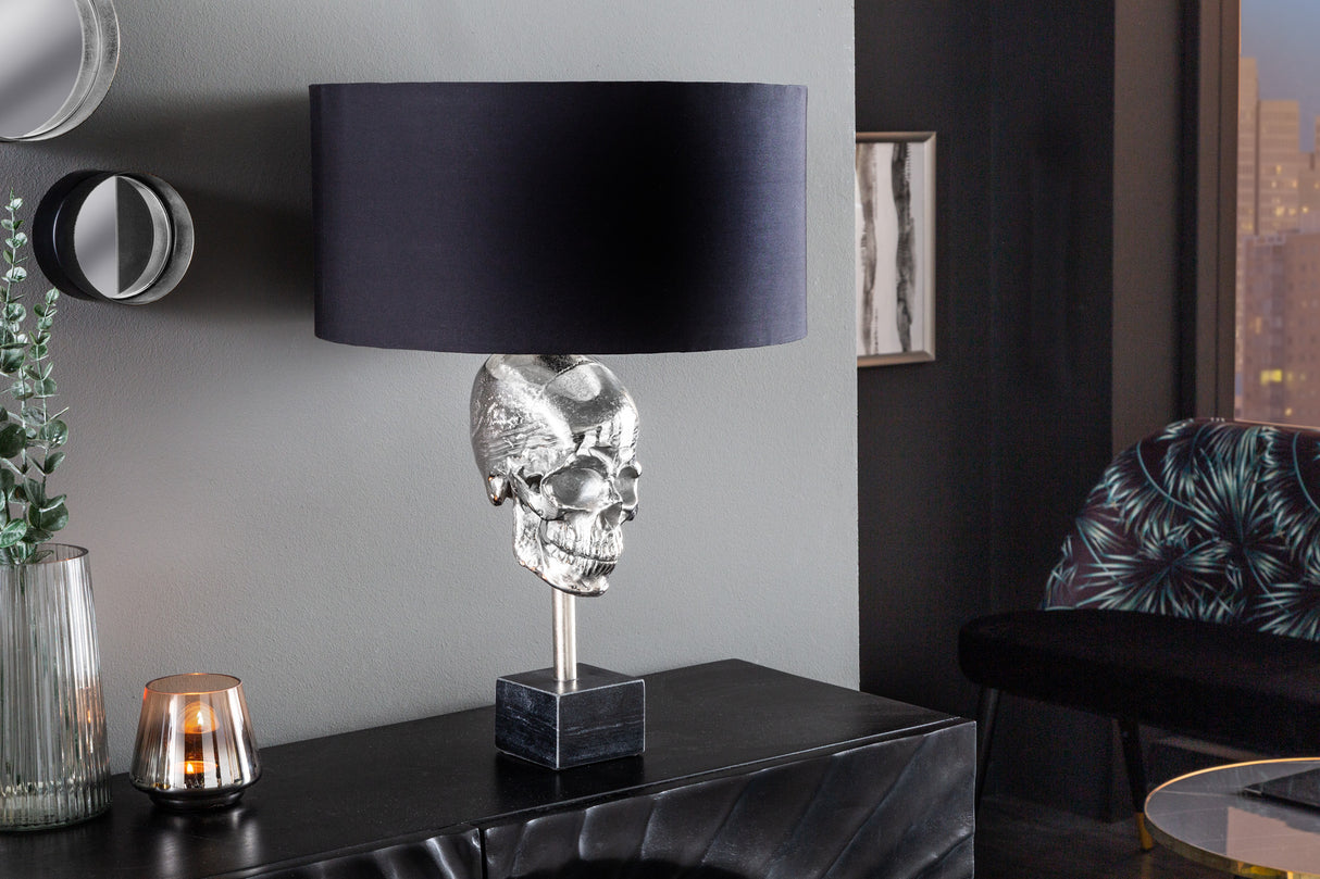 Table lamp SKULL 56cm silver cotton shade black / adjustable lampshade