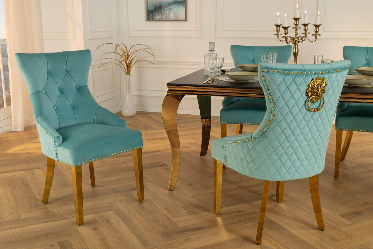 Chair CASTLE DELUXE w/ lion´s head handle velvet blue golden legs in baroque style