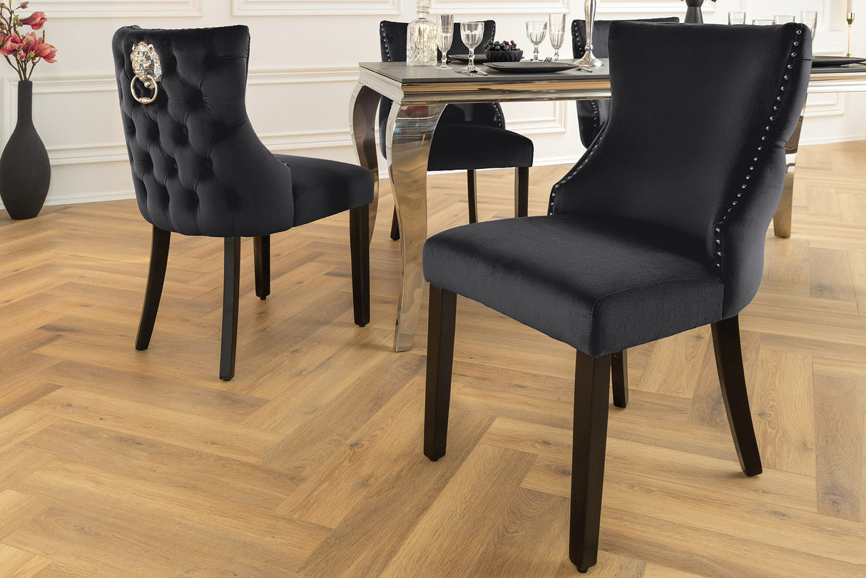 Chair CASTLE DELUXE w/ lion´s head handle velvet black legs black in chesterfield style