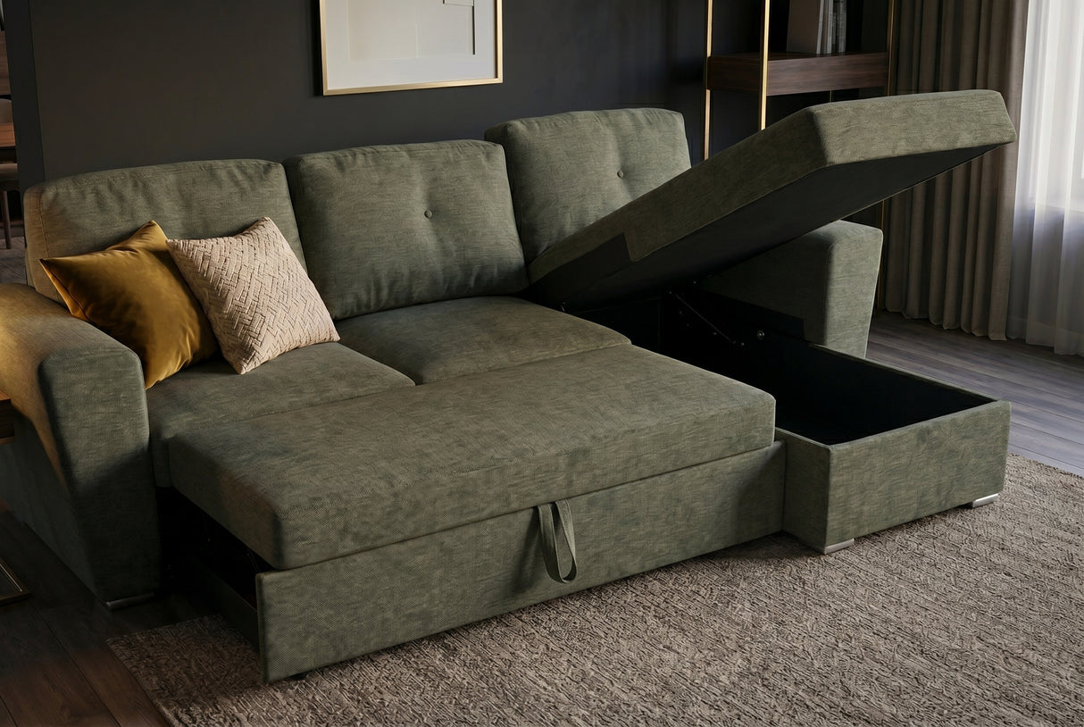 Sofa bed APARTMENT 245cm 3-seater w/ ottoman and storage space textured fabric green