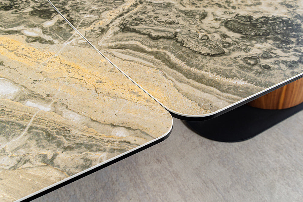 Dining table ELEMENTS 180-260cm extendable walnut frame w/ ceramic top taupe beige marble look