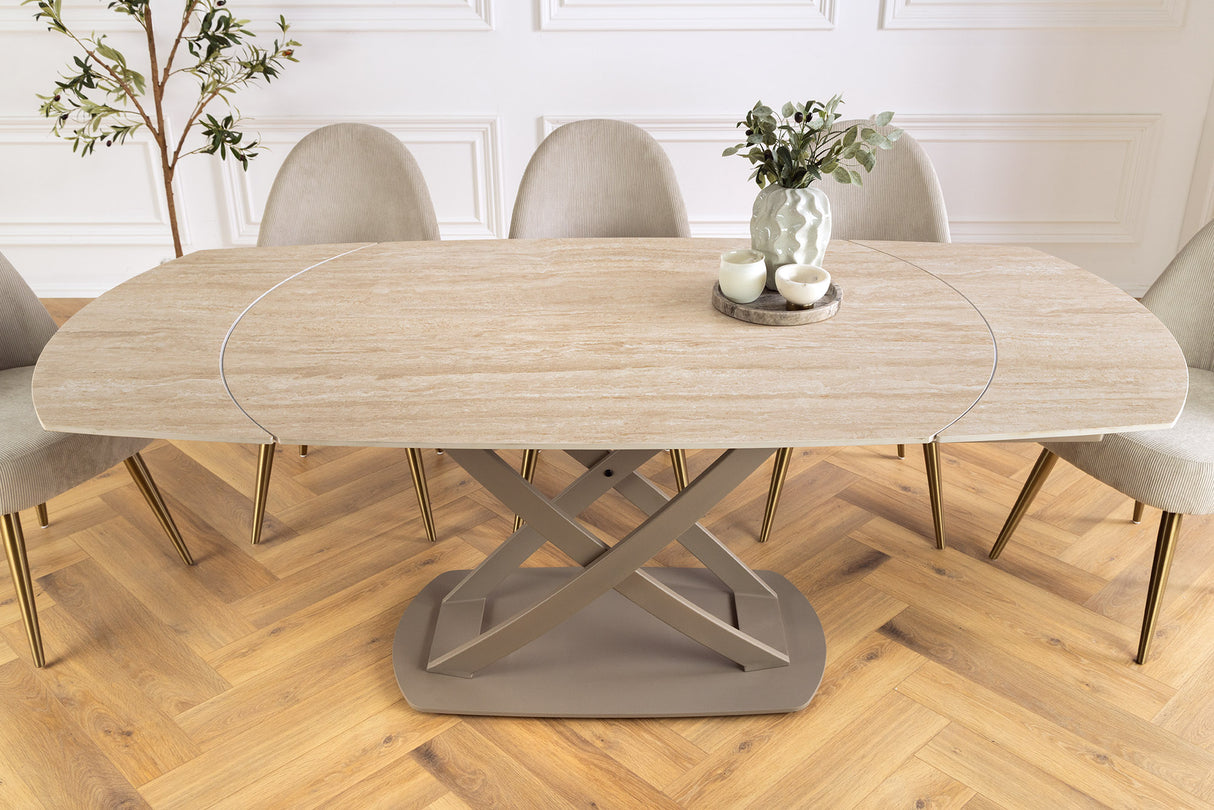 Dining table INCEPTION 130-190cm extendable w/ champagne greige rack ceramic top travertine