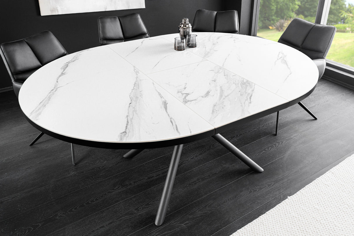 Dining table MIKADO 120-160cm round extendable marble look white ceramic tempered glass
