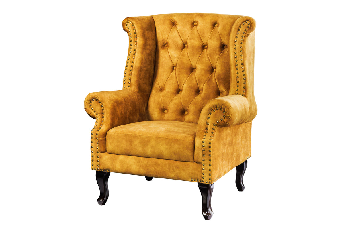 Ohrensessel CHESTERFIELD Antik-Look Samt senfgelb