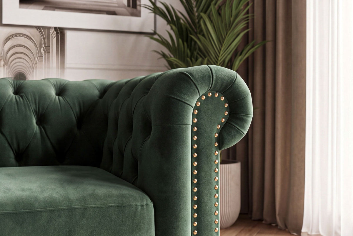 Sofa CHESTERFIELD 3-seater button tufted velvet emerald green w/ decorative stud trim