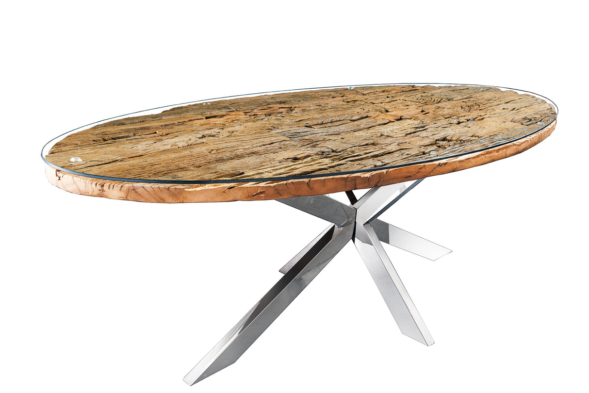 Esstisch BARRACUDA 220cm oval Teakholz Glasplatte oval
