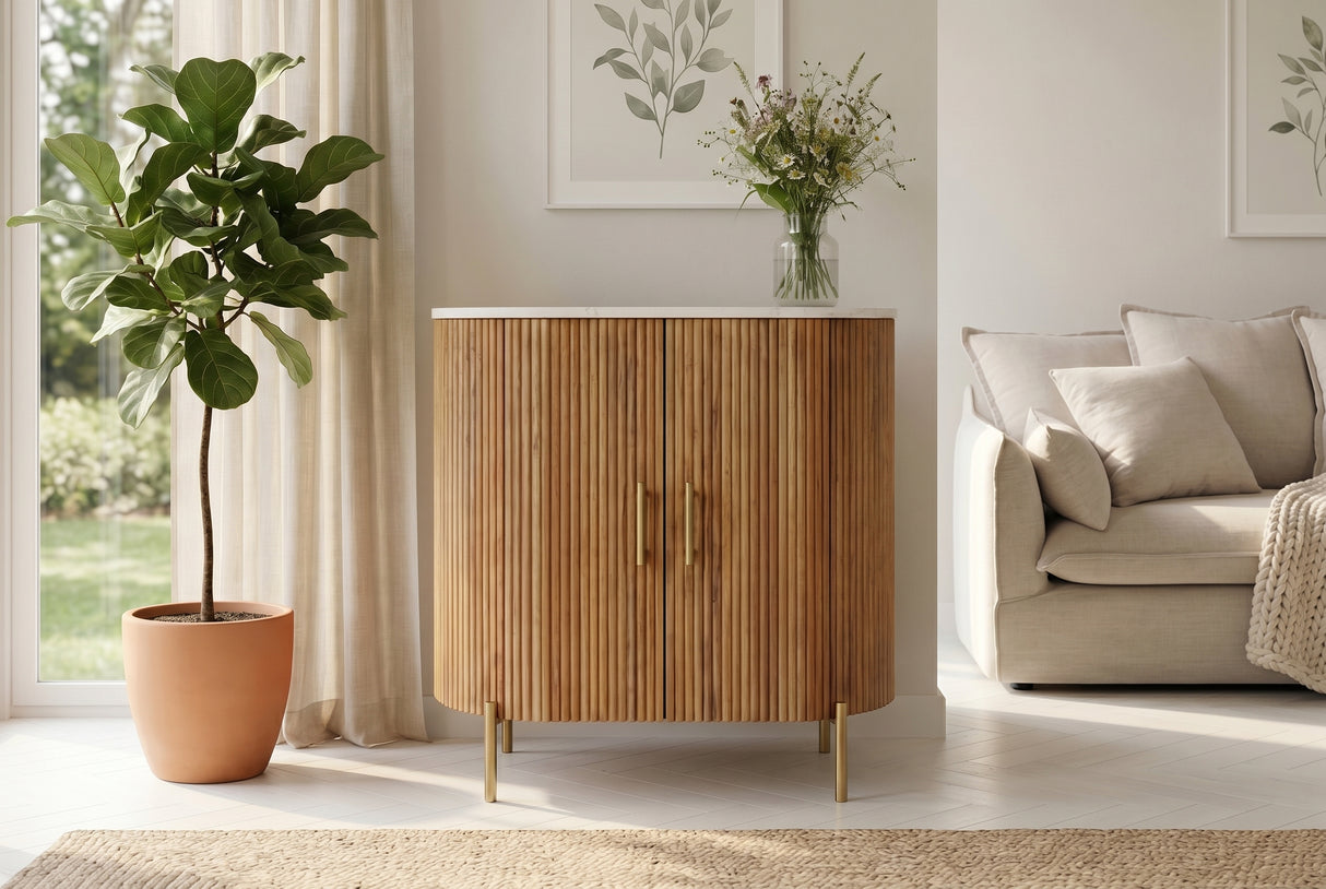 Sideboard TRES CHIC 70cm mango wood natural w/ white marble top and golden handles