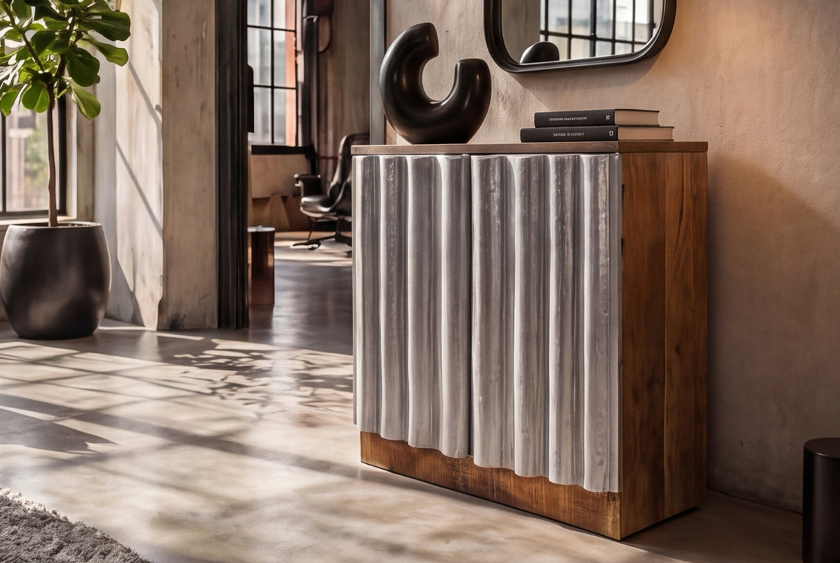 Sideboard ZALVERO 75cm Mangoholz Aluminiumfront naturfarben silber