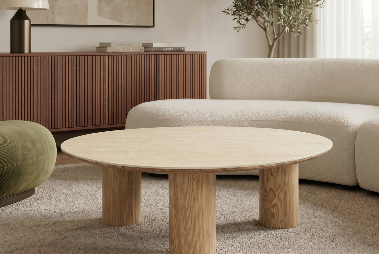 Couchtisch ORGANIKO 110cm Keramik-Optik Natur mit Eichenholz-Optik Gestell