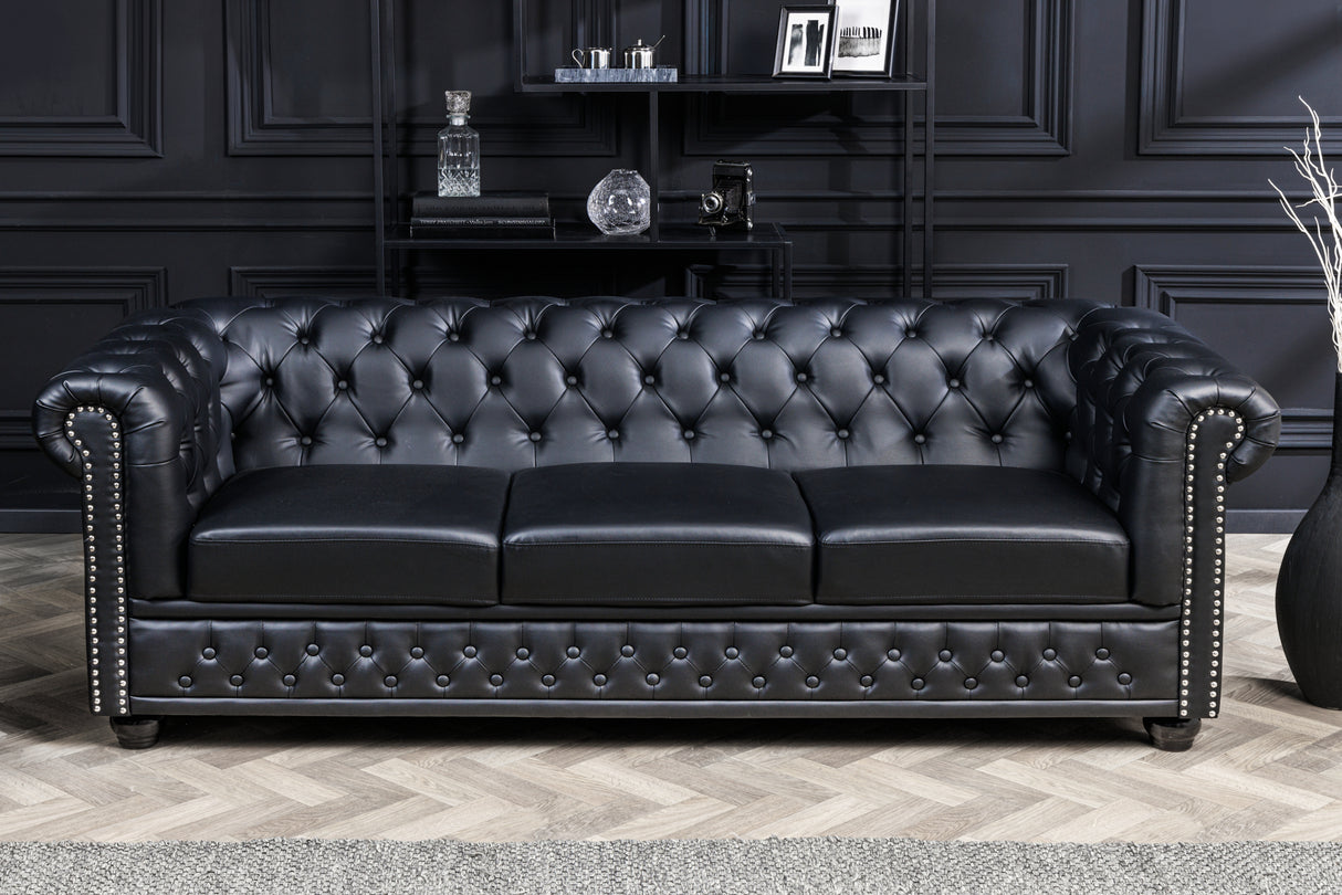 Sofa CHESTERFIELD 205cm 3-Sitzer Kunstleder Antik-Look schwarz