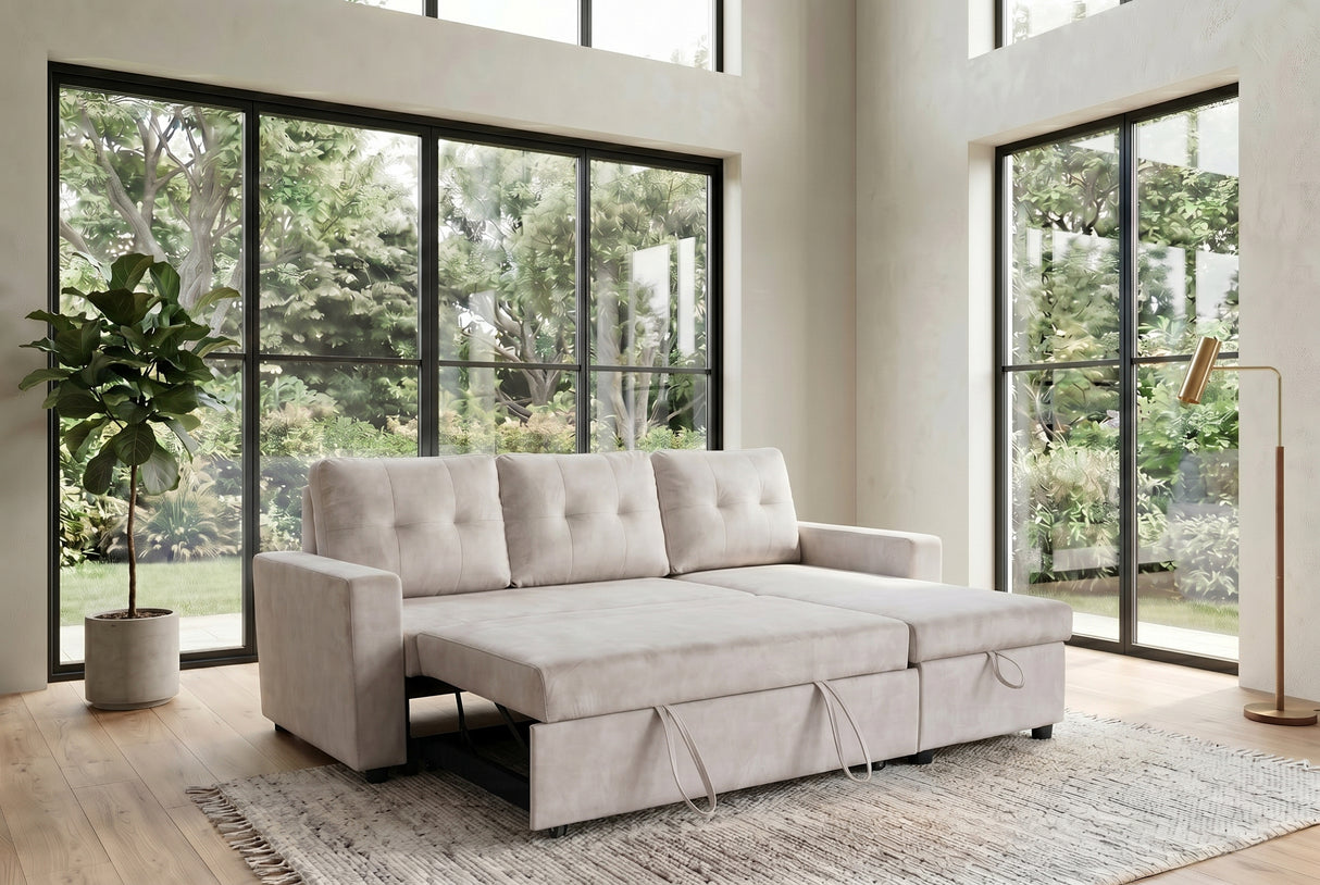 Corner sofa bed APARTMENT 205cm 3-seater w/ ottoman and storage space velvet champagne beige