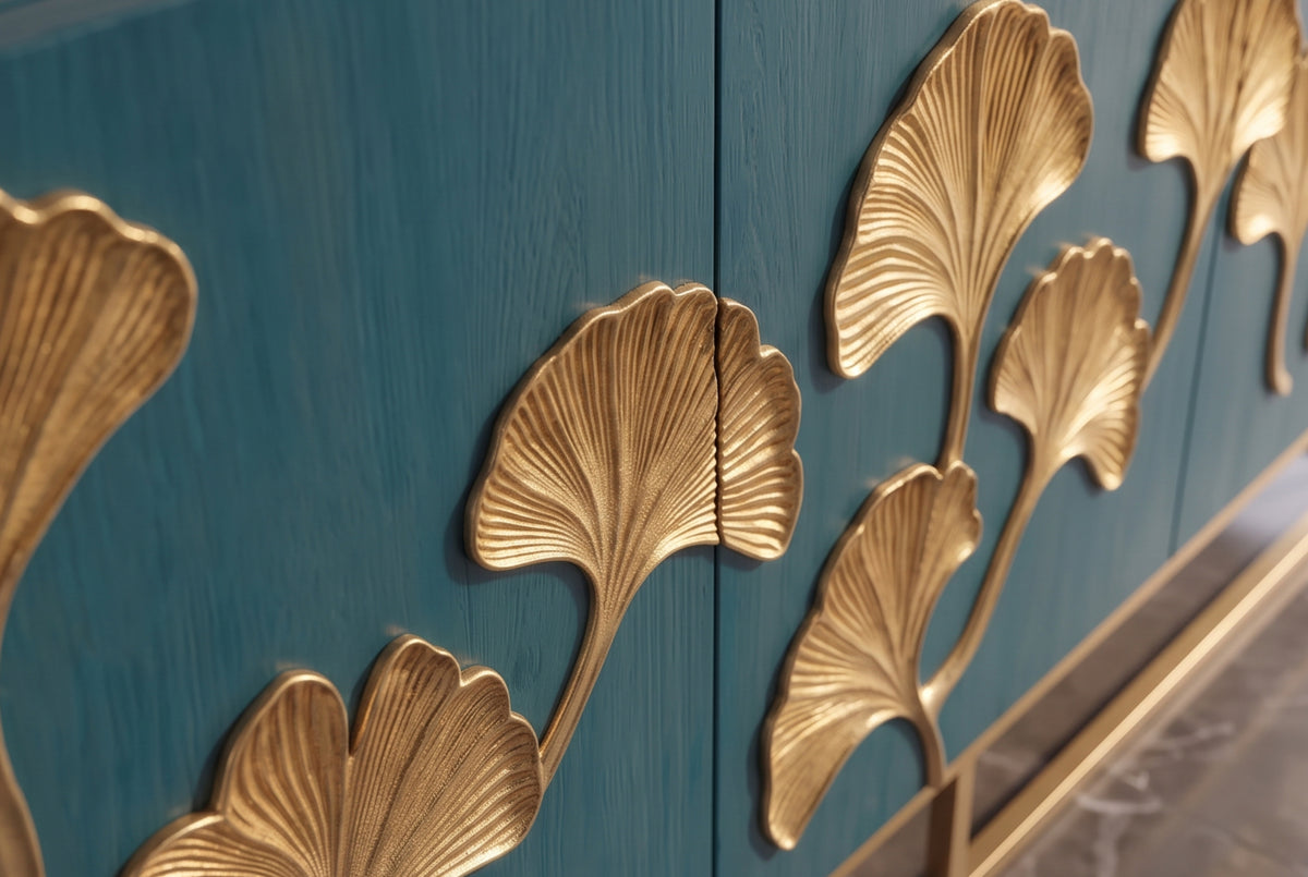 Sideboard GINKGO 160cm 3D ginkgo leaf front mango wood turquoise w/ gold metal frame